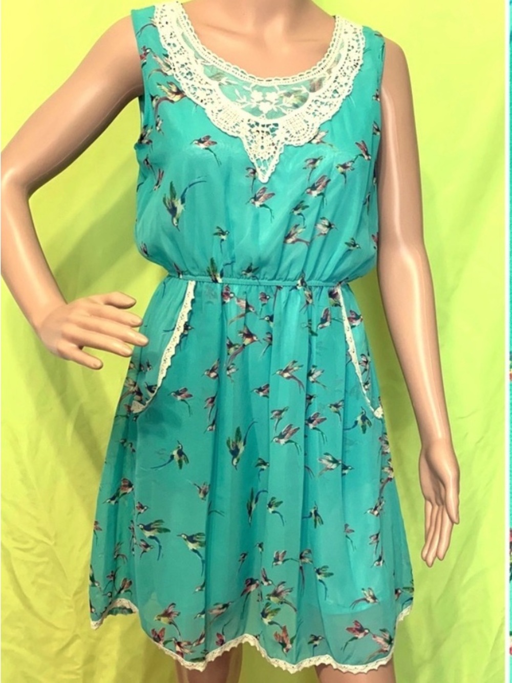 Bird Print Dress w/ Lace Bib